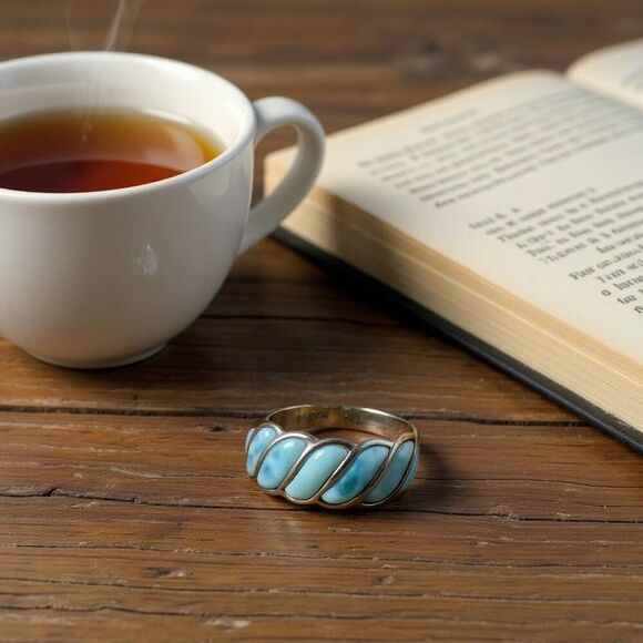 Stunning Natural Blue Larimar Wave Gold Ring Size 6 New - Picture 3 of 7